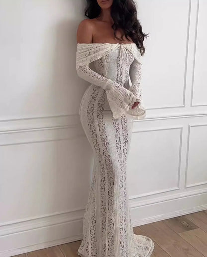 Oligai White Lace Maxi Dress – Off-Shoulder Elegant Bodycon