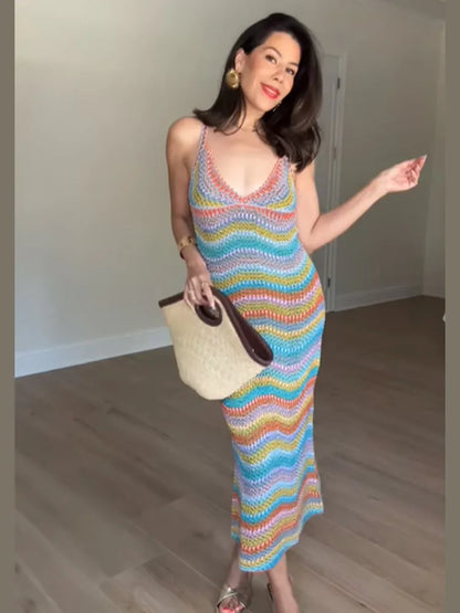 Colorful Stripe Knit Dress – Sleeveless & Backless