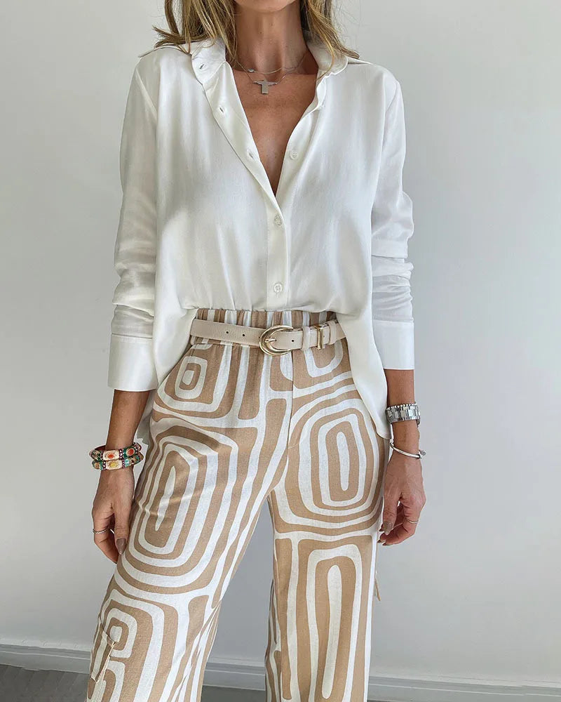 Casual Office Lady Set – Long Sleeve Shirt & Trousers