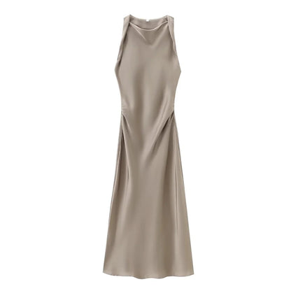 Satin Feeling Long Dress – High Waist Sleeveless