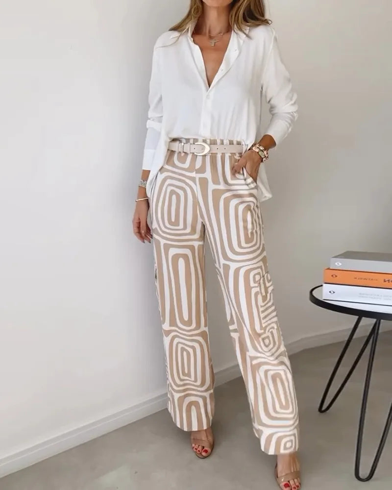 Casual Office Lady Set – Long Sleeve Shirt & Trousers