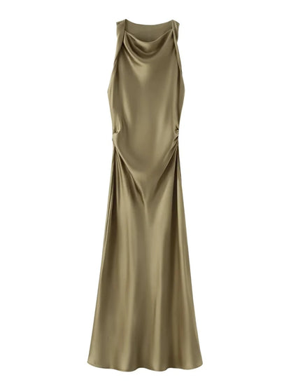 Satin Feeling Long Dress – High Waist Sleeveless