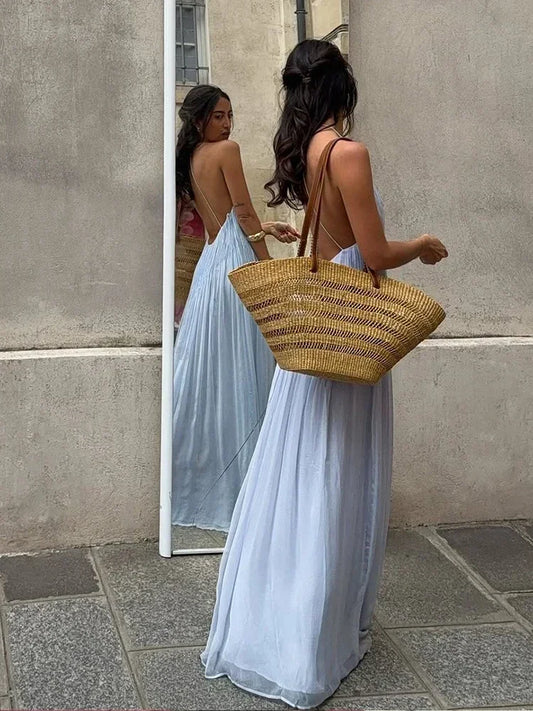 Chic Blue Pleated Backless Maxi Dress – V-Neck Spaghetti Strap