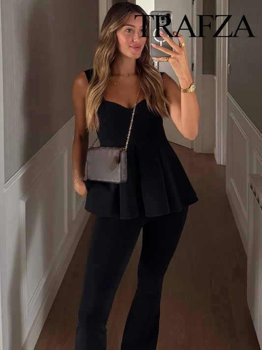 Chic Wide Strap Top & High-Waist Pants – Women’s Set