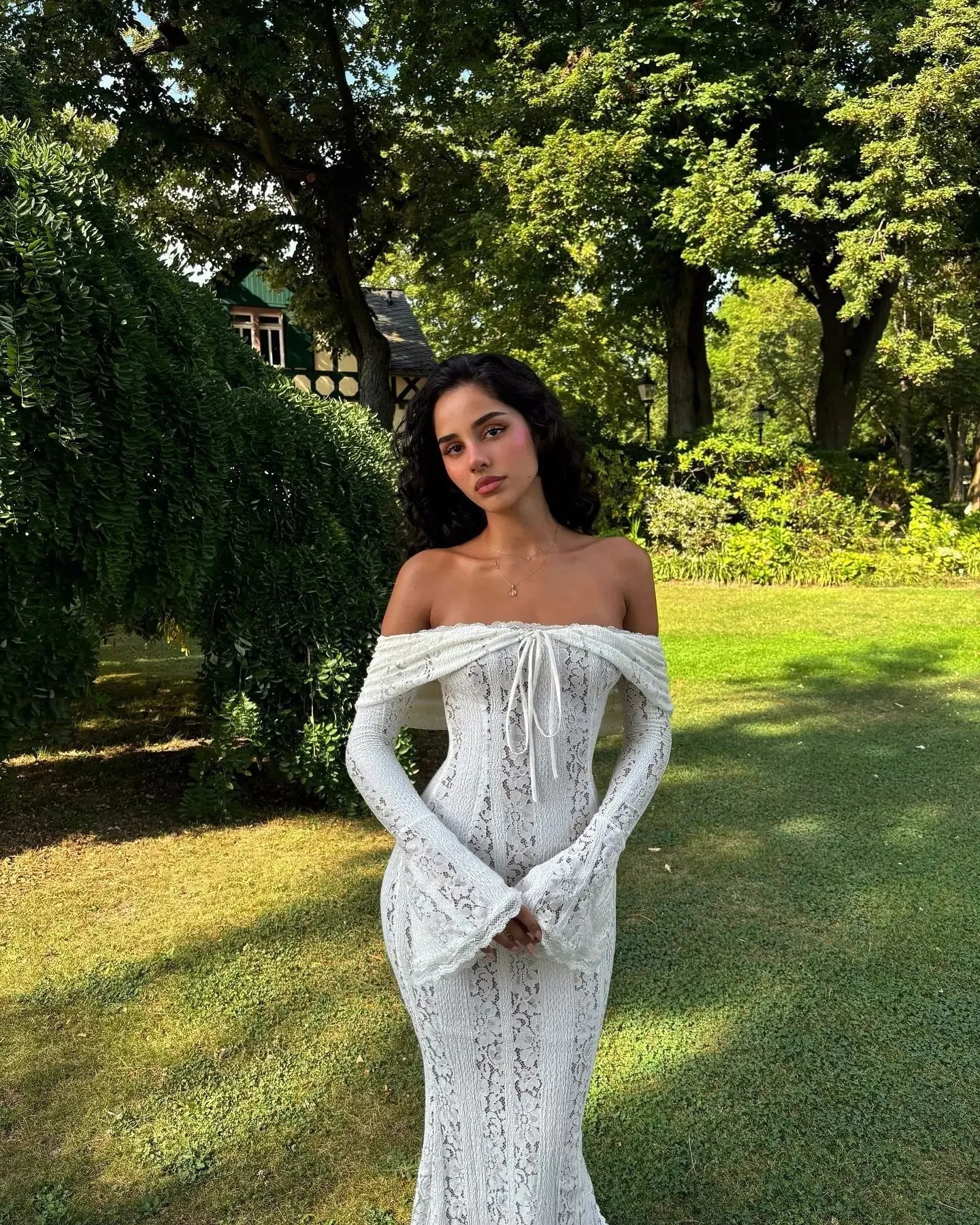 Oligai White Lace Maxi Dress – Off-Shoulder Elegant Bodycon