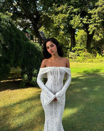 Oligai White Lace Maxi Dress – Off-Shoulder Elegant Bodycon