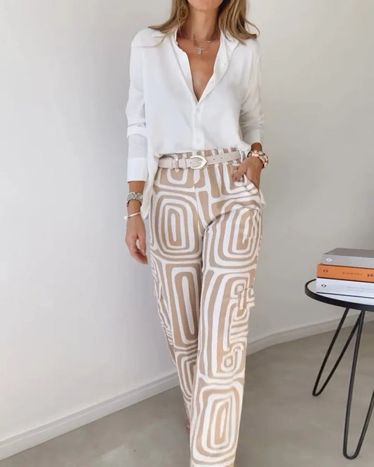 Casual Office Lady Set – Long Sleeve Shirt & Trousers