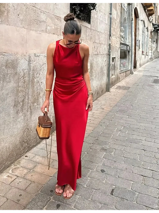 Satin Feeling Long Dress – High Waist Sleeveless