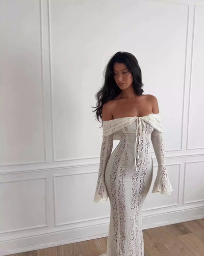 Oligai White Lace Maxi Dress – Off-Shoulder Elegant Bodycon