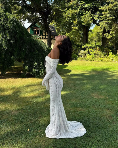 Oligai White Lace Maxi Dress – Off-Shoulder Elegant Bodycon