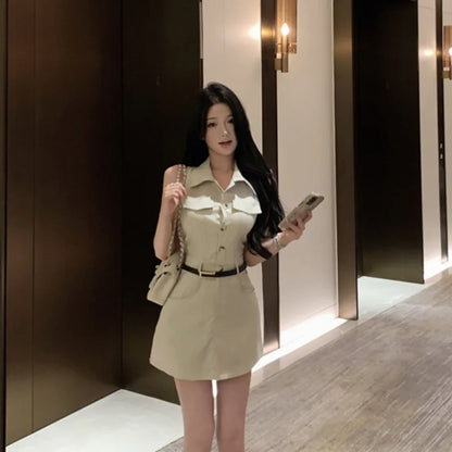 Slim Fit Collar Workwear High-Waist Skirt with Belt – Women’s Summer Korean Style