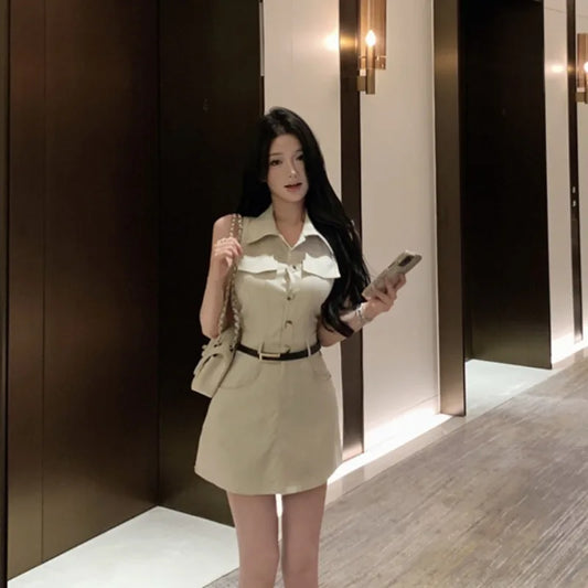 Slim Fit Collar Workwear High-Waist Skirt with Belt – Women’s Summer Korean Style