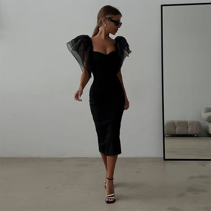 Mesh Butterfly Sleeve Bodycon Midi Dress – Square Neck Black