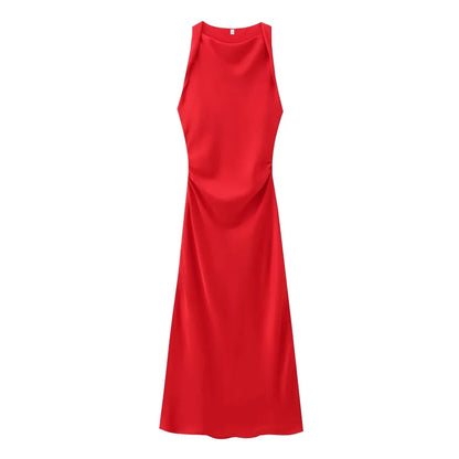 Satin Feeling Long Dress – High Waist Sleeveless