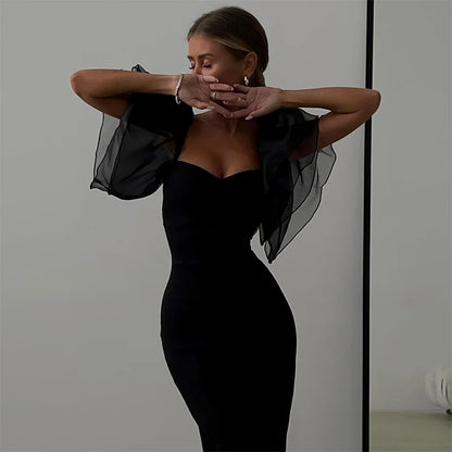 Mesh Butterfly Sleeve Bodycon Midi Dress – Square Neck Black