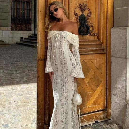 Oligai White Lace Maxi Dress – Off-Shoulder Elegant Bodycon