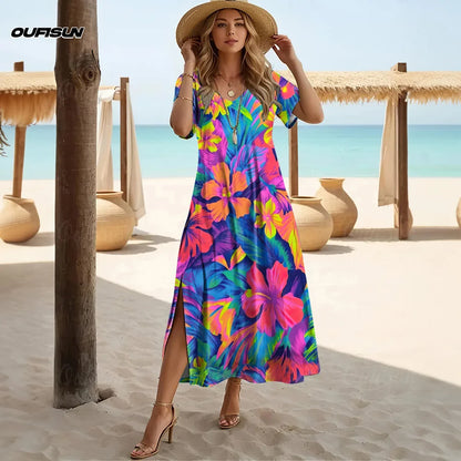 Women’s V-Neck A-Line Dress – Hawaiian Floral 2025