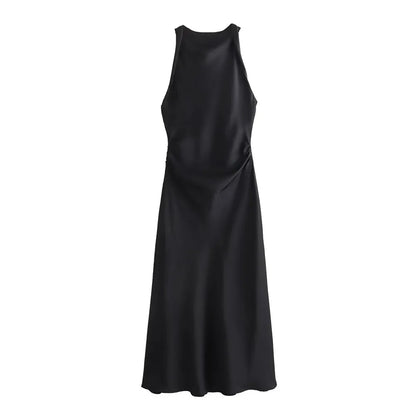 Satin Feeling Long Dress – High Waist Sleeveless